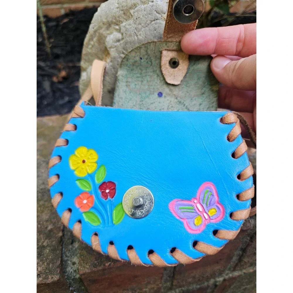Beautiful Hand Tooled Floral Blue Leather  Mini Crossbody Childrens Satchel